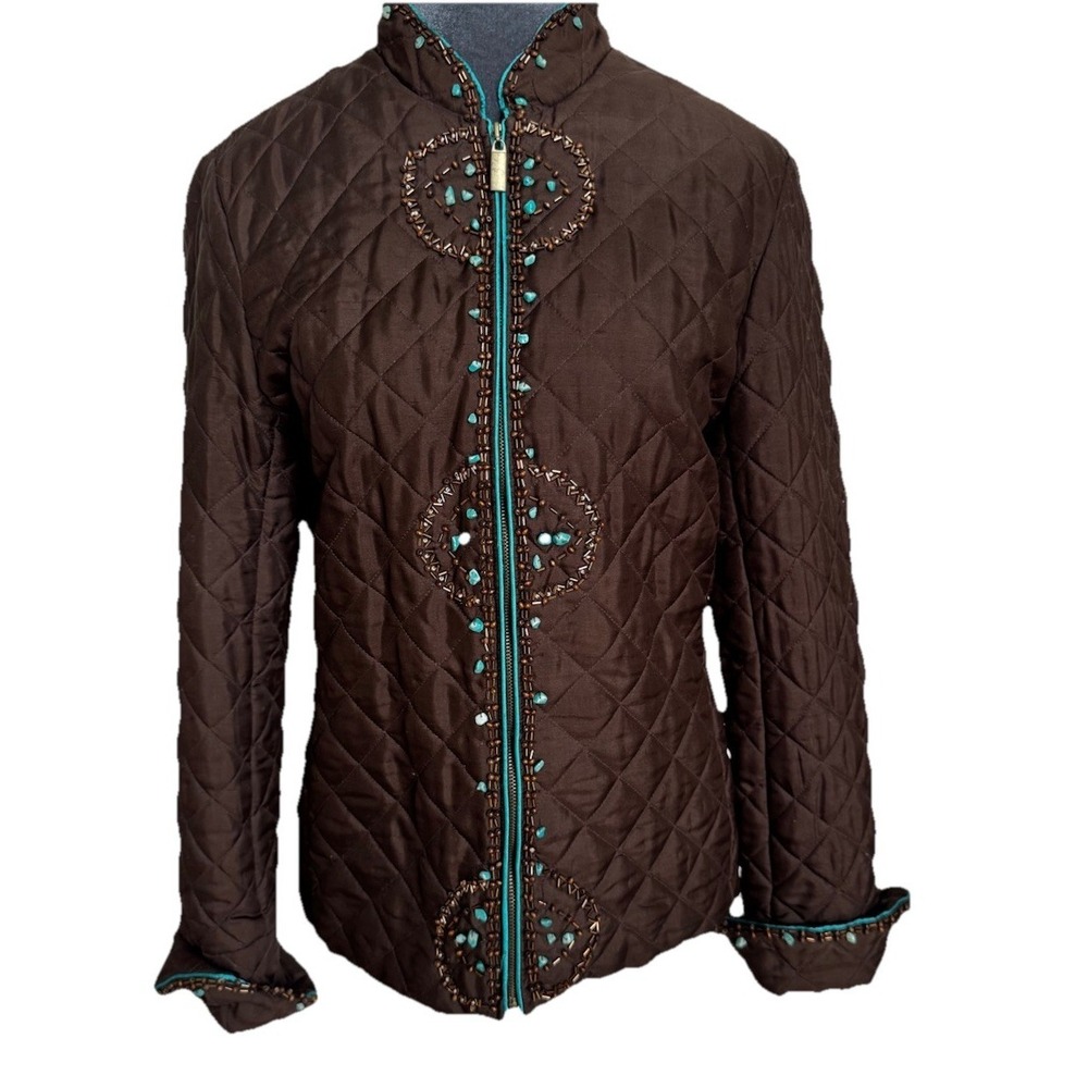 Silkland Quilted Beaded Jacket Brown Turquoise Western Boho Goblincore Artisan‎ - Picture 7 of 16